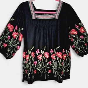 Calessa NWT Black/Red Floral Tunic SZ PL Puffed 3/4 Sleeve